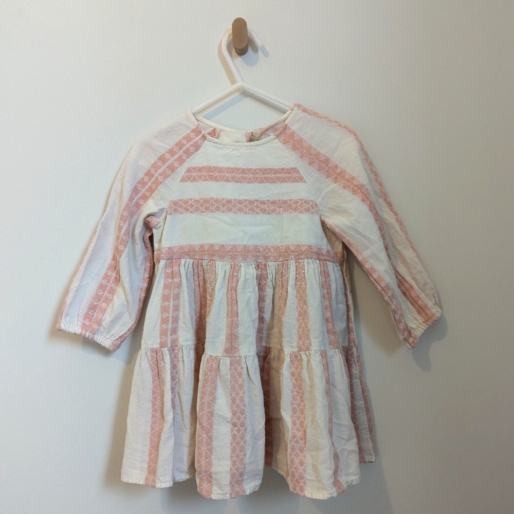 Zara baby girl dress tiered striped pink and beige linen feel 18-24 months